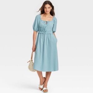 Light Blue Puff-Sleeve Midi Dress - Women